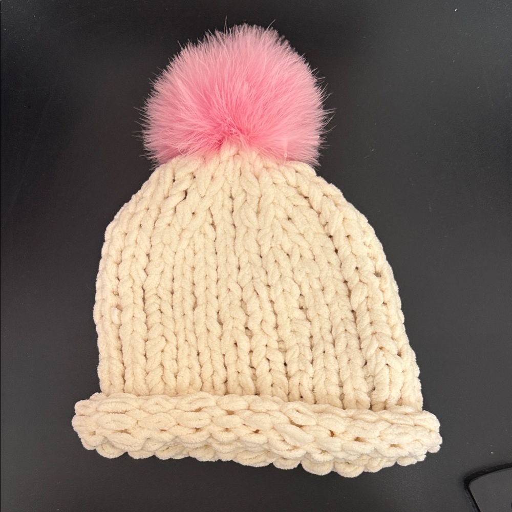 Cream Knit Beanie with Pink Pom Pom